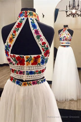 Two Pieces Embroidery Prom Dresses, Unique Halter Open Back Formal Dress With Tulle